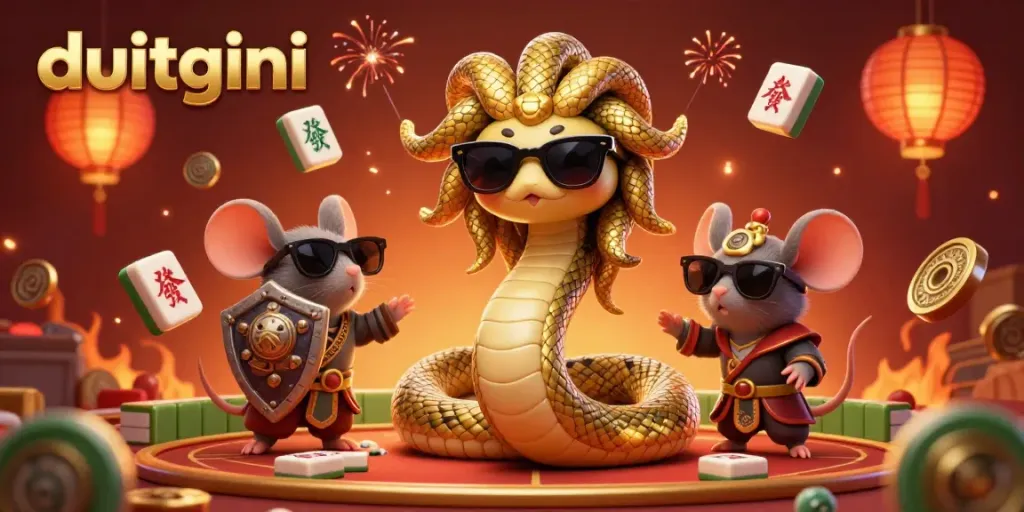 Engage with DuitGini's vibrant loan services in a playful 3D gambling scene featuring mythological characters.