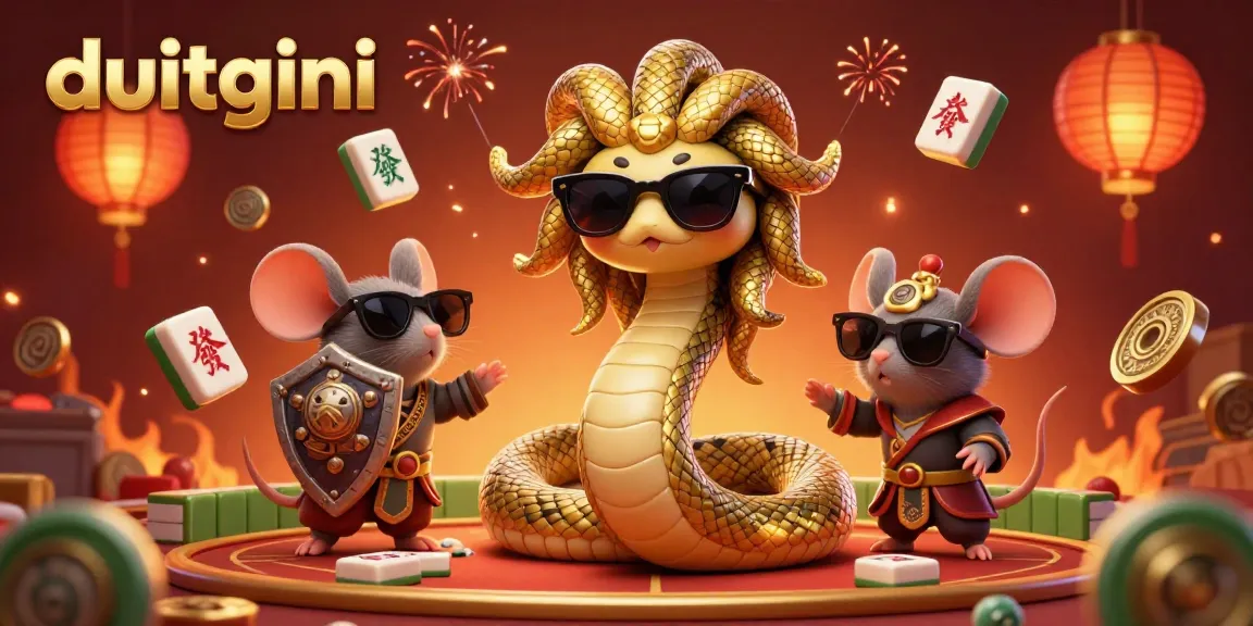 Engage with DuitGini's vibrant loan services in a playful 3D gambling scene featuring mythological characters.