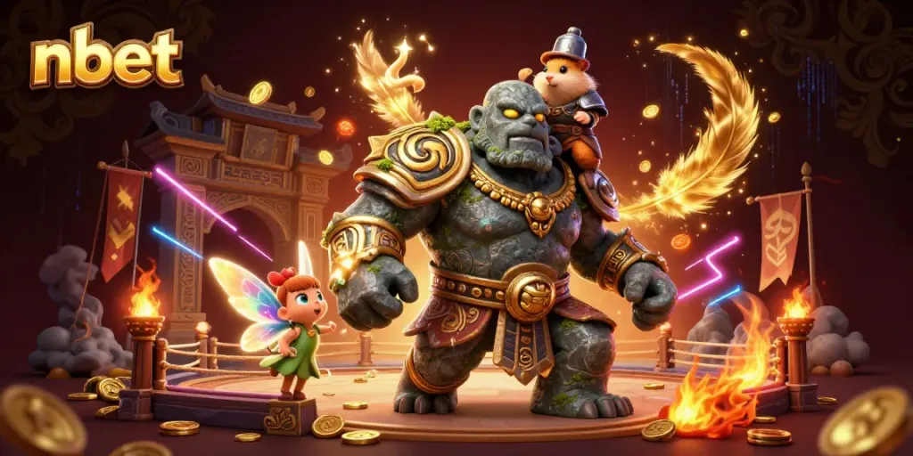 Engage in thrilling gameplay at nbet with an animated scene featuring a mystical golem and companions.