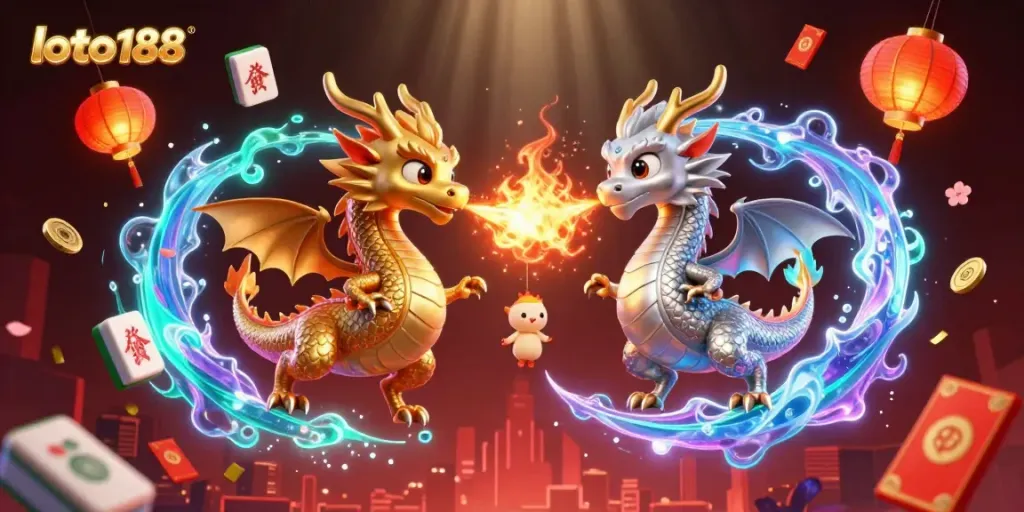 Capture winning moments with loto188, featuring dynamic dragon characters and festive casino elements.