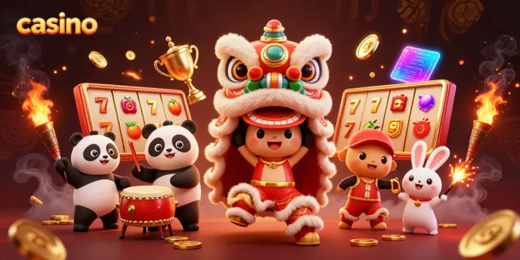 Engaging casino scene featuring a lion dance costume, panda, and rabbit amidst vibrant slot elements.