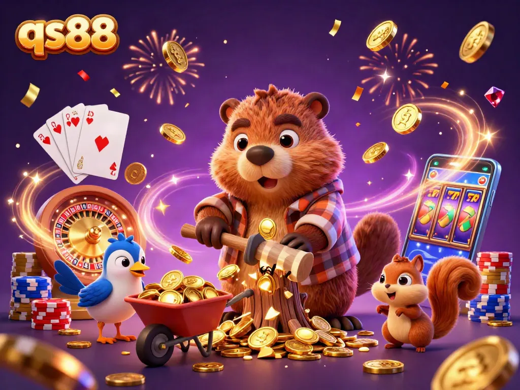 Experience thrilling wins with qs88's vibrant slot machine adventure featuring a 3D beaver and friends.