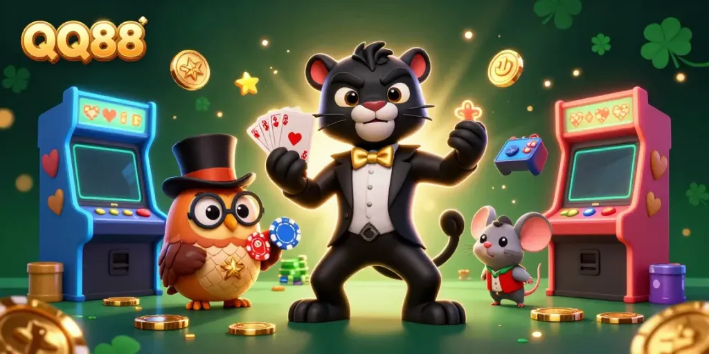 Experience the thrill of QQ88 with our dynamic casino scene showcasing fun characters engaging in games.