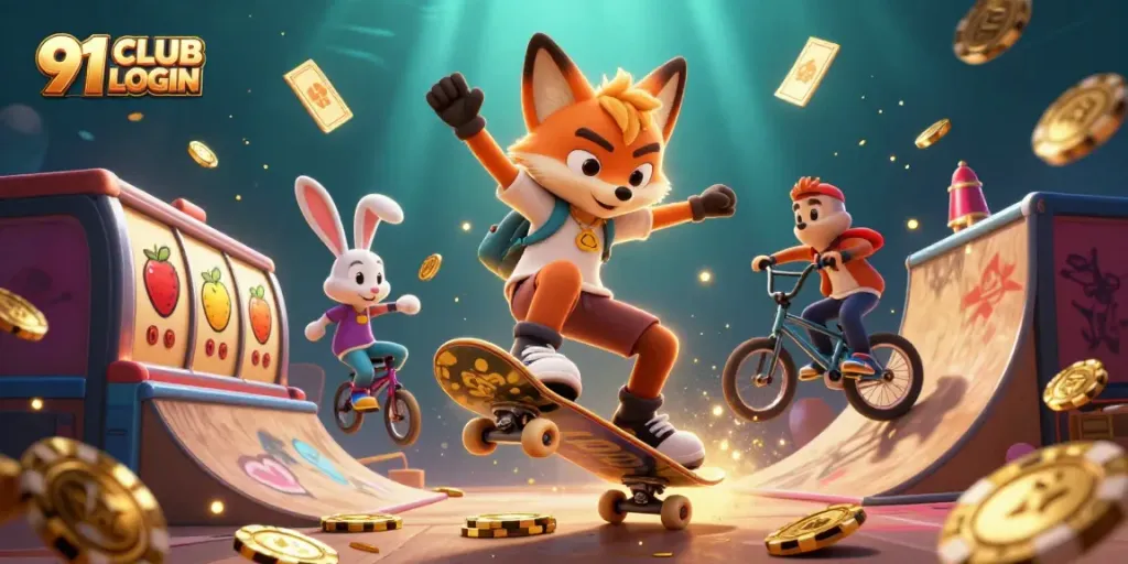 Engage with 91 CLUB LOGIN in a vibrant 3D casino scene featuring cartoon animals and dynamic game elements.