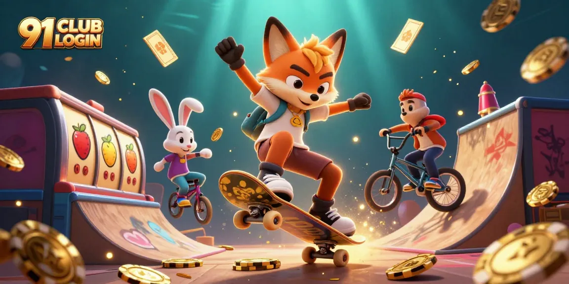 Engage with 91 CLUB LOGIN in a vibrant 3D casino scene featuring cartoon animals and dynamic game elements.
