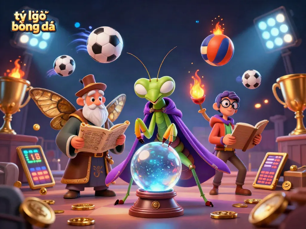 Engage in thrilling sports betting with tỷ lệ bóng đá illustrated by dynamic characters and golden trophies.