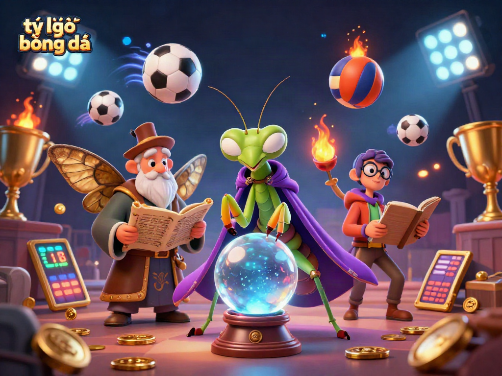 Engage in thrilling sports betting with tỷ lệ bóng đá illustrated by dynamic characters and golden trophies.