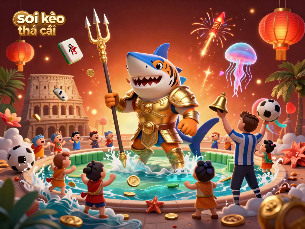 Enjoy thrilling sports betting dynamics with a unique soi kèo nhà cái underwater scene featuring a tiger shark and festive elements.