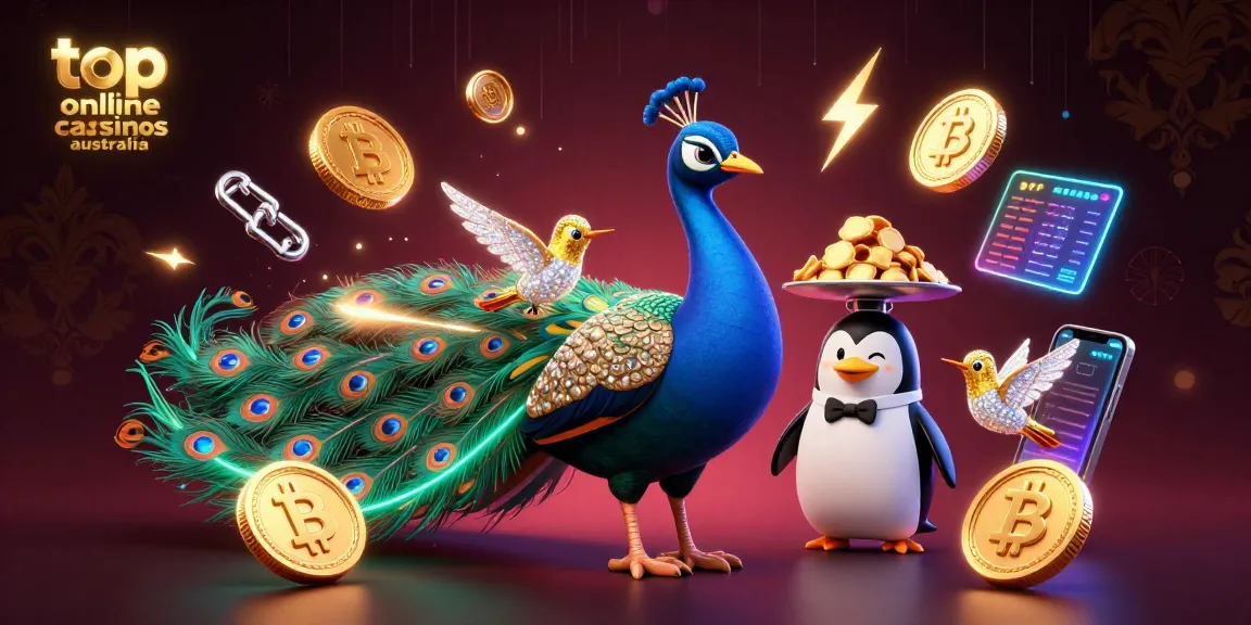 Experience top online casinos Australia with vibrant 3D illustration of unique characters and crypto elements.