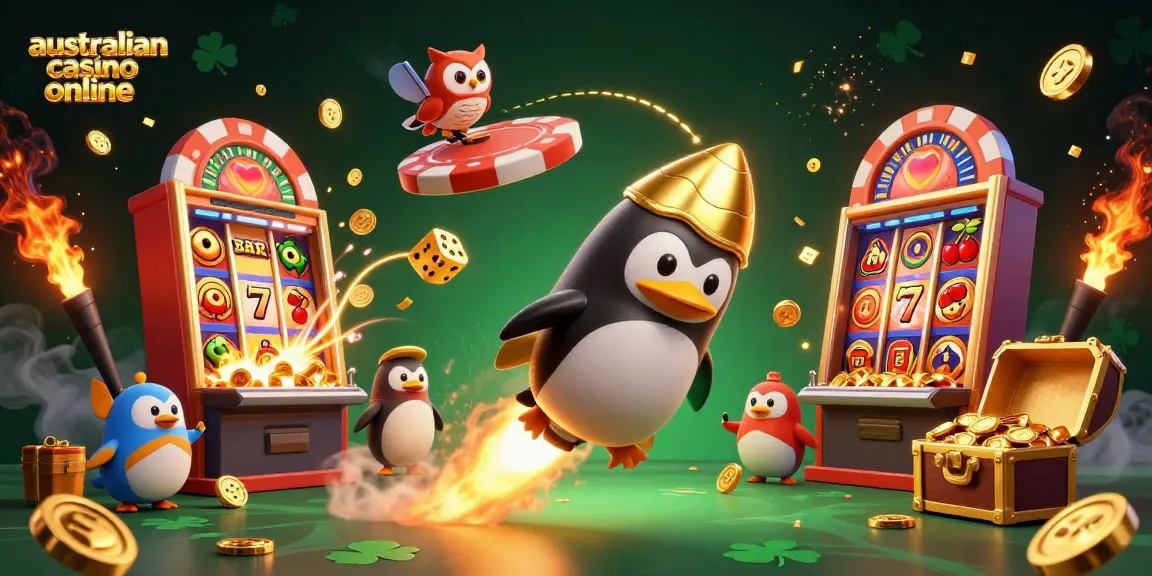 Engage with the animated australian casino online experience featuring a golden penguin and slot machine explosion.
