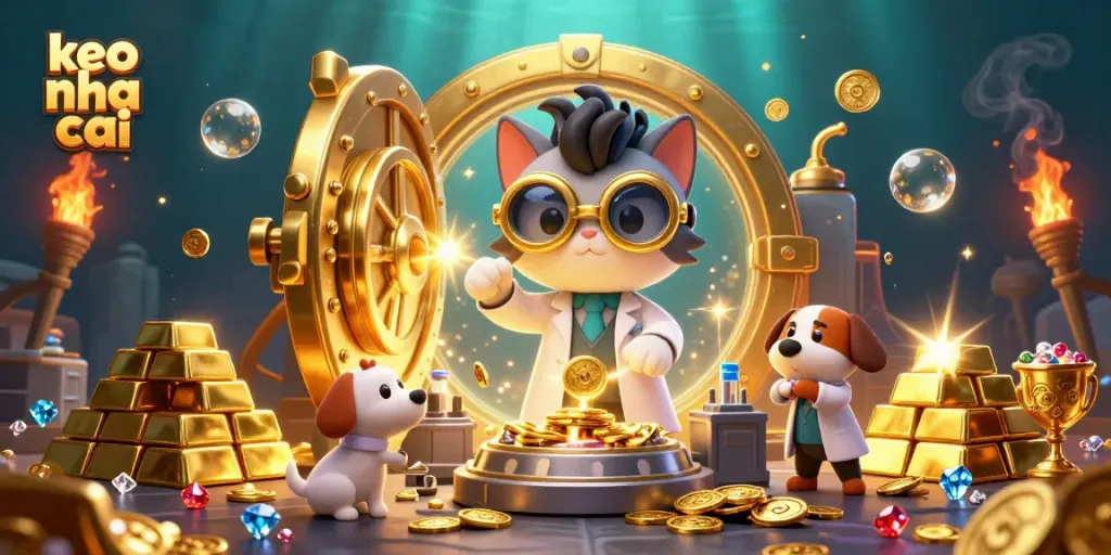 Exciting keo nha cai scene with a mad scientist cat and assistant dog creating gold, surrounded by gems and riches.