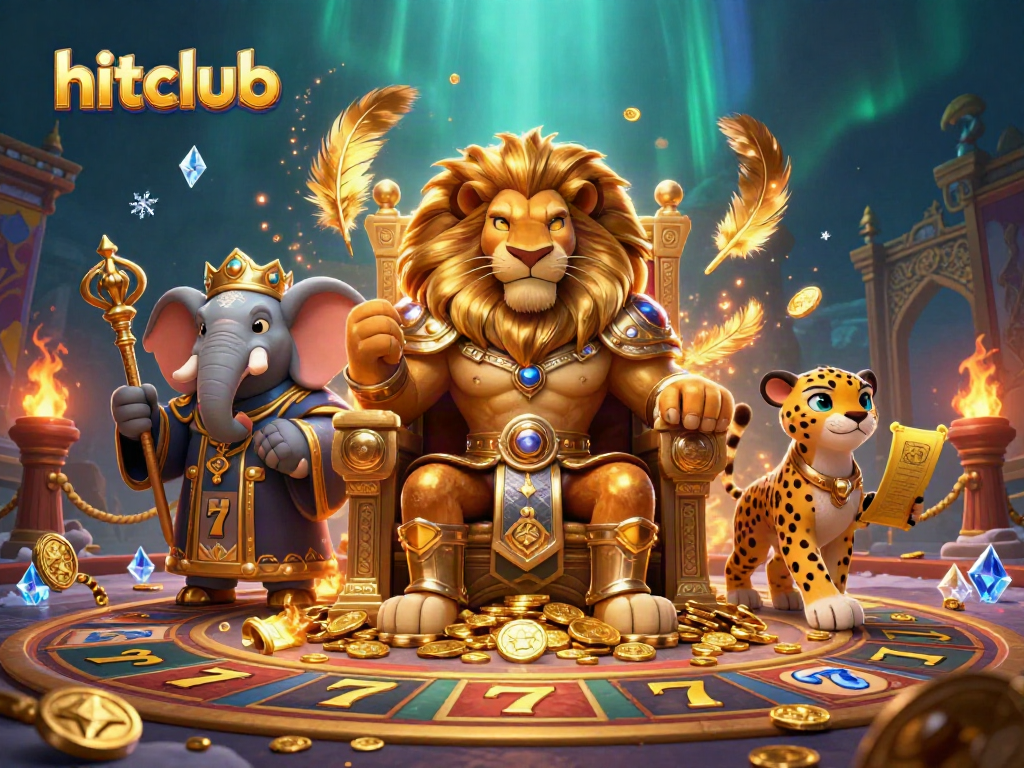 Engage with hitclub's vibrant 3D casino scene featuring a lion king and slot reels.
