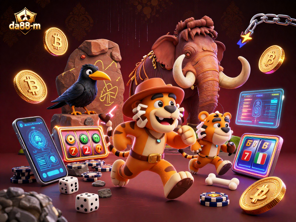 Engage with thrilling gaming at da88-m, featuring a prehistoric casino concept with cartoon characters and neon coins.