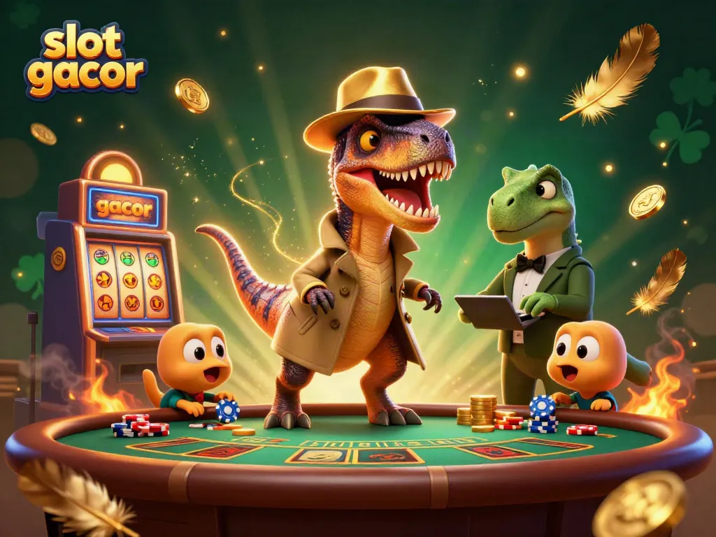 Experience thrilling slot gacor action with dynamic characters at a blackjack table amidst gold coins.