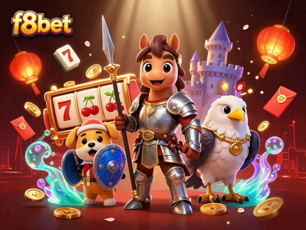Engage with f8bet's vibrant casino adventure featuring knight and squire amidst slot reels.
