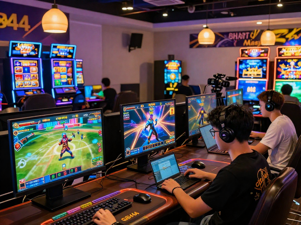 Exciting GB444 online gaming scene with diverse players enjoying vibrant slot games and live casino action.
