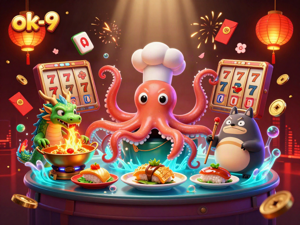 Experience thrilling gaming at ok-9 with vibrant characters, golden slot reels, and dynamic casino action.