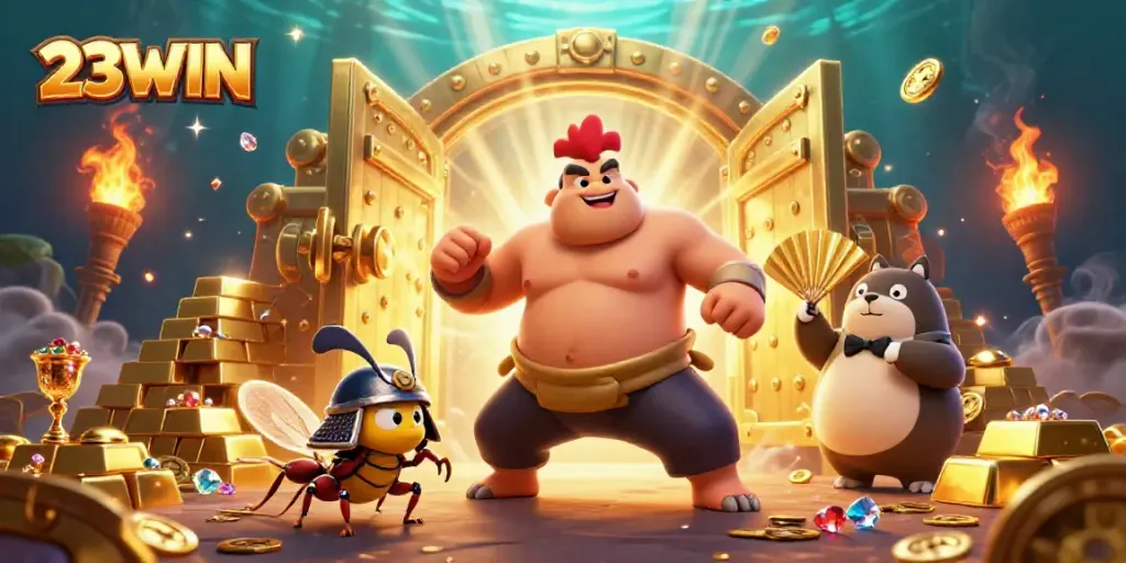 Experience thrilling gameplay with 23WIN at a vibrant casino scene featuring animated characters and exciting elements.