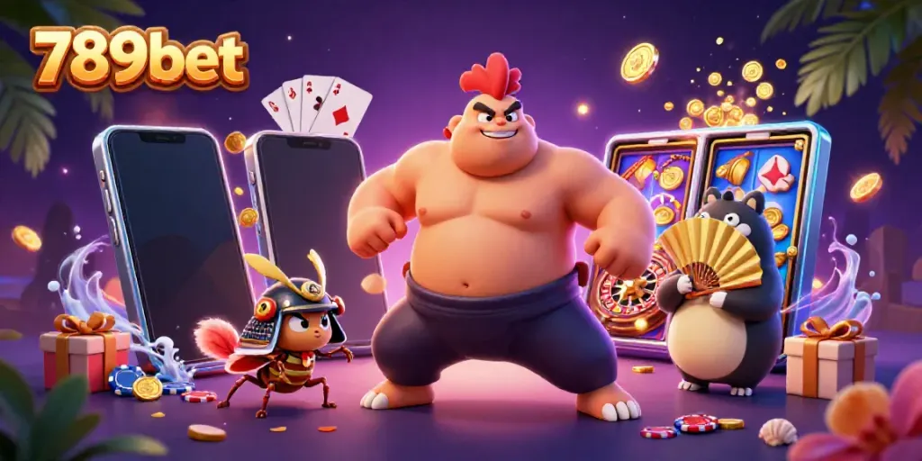 Engage in the fun of 789bet with a 3D illustration showing a sumo rooster, a samurai cricket, and a tanuki at a casino scene.