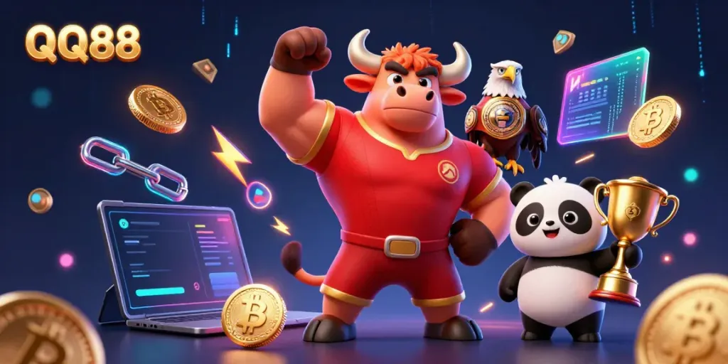 Join the winning adventure at QQ88 with a victorious bull mascot and a cheering panda.