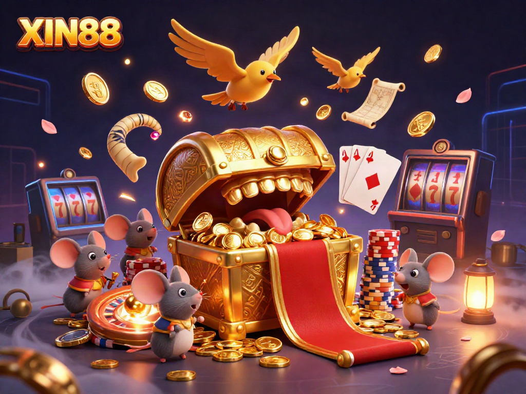 XIN88's 3D cartoon treasure chest attracts adventurer mice in a vibrant casino scene with coins and game elements.