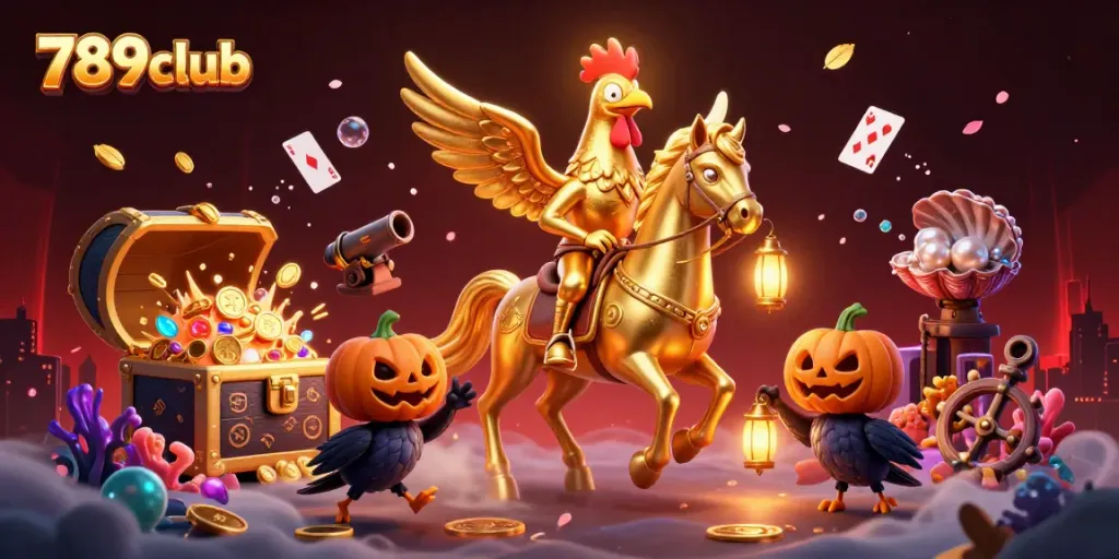 Experience the excitement of 789club with a dynamic casino scene featuring a golden rooster, treasure, and mystical elements.