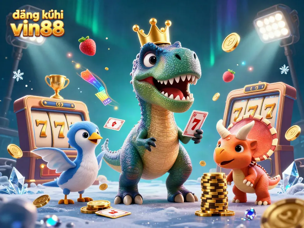 Join the fun at đăng ký vin88 with a T-Rex and friends engaging in lively casino games, surrounded by colorful elements.