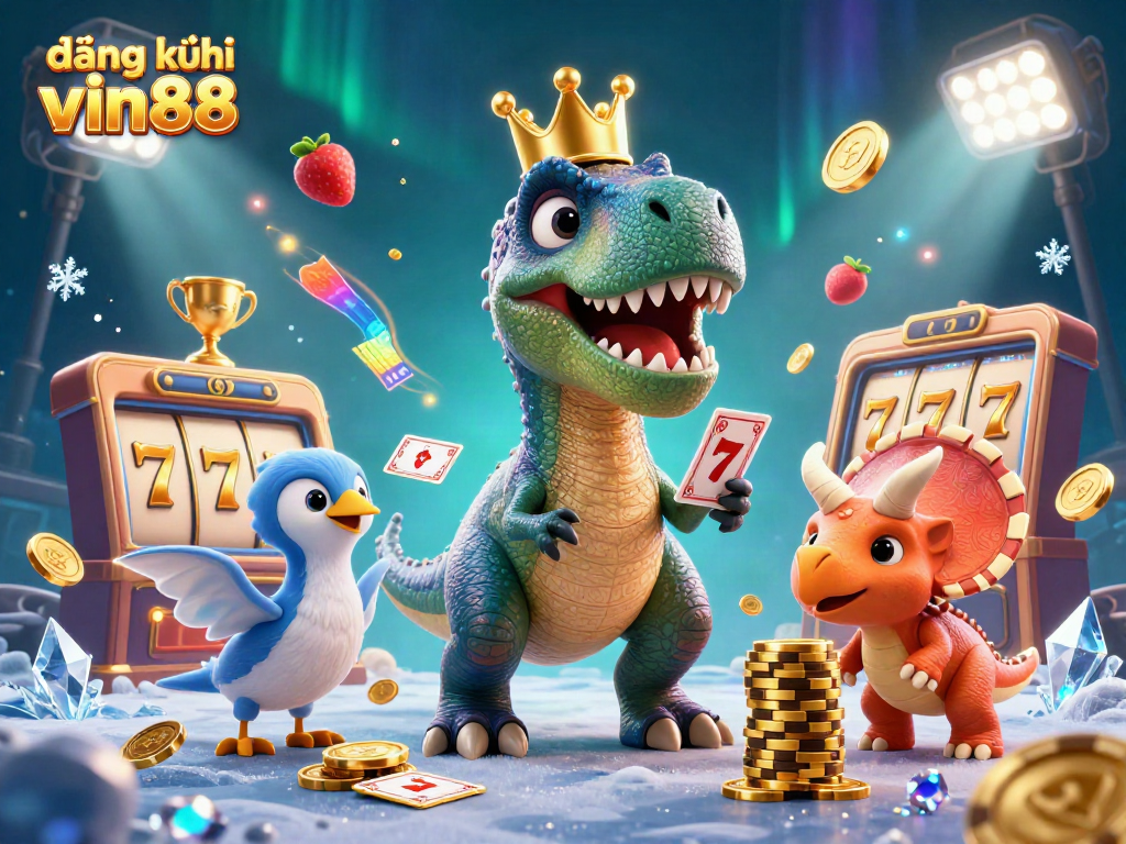 Join the fun at đăng ký vin88 with a T-Rex and friends engaging in lively casino games, surrounded by colorful elements.