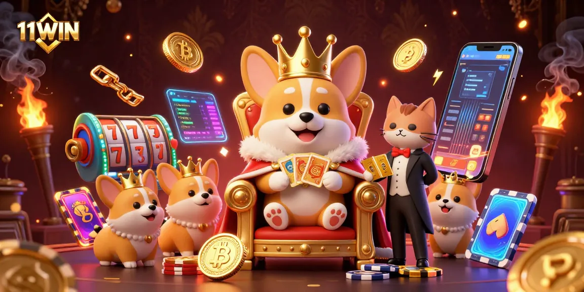Experience the excitement of 11WIN with vibrant casino-themed characters and dynamic crypto elements!