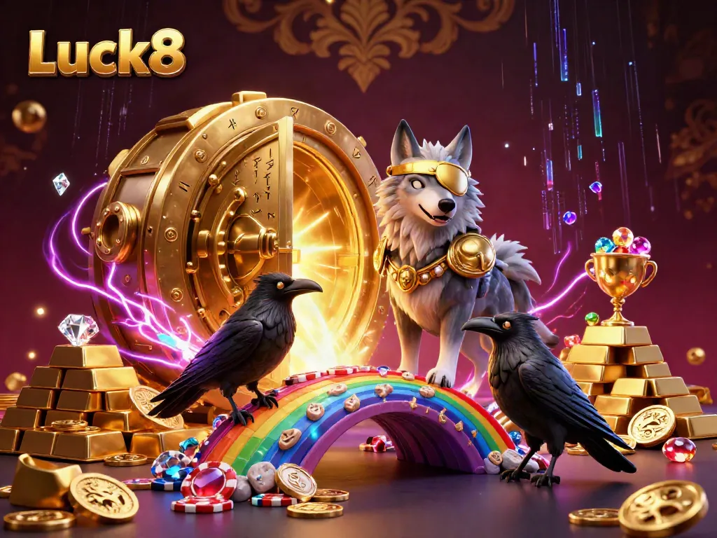 Experience the excitement of Luck8 with a Norse-themed 3D casino scene featuring Odin and his ravens.