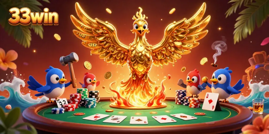 Engage with the golden phoenix and poker scene at 33win, featuring dramatic elements and rich betting excitement.