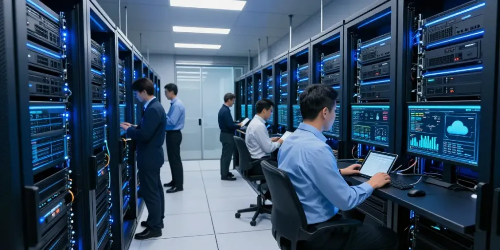 Buy .uk domain in a modern data center, showcasing cloud computing and cybersecurity technology.