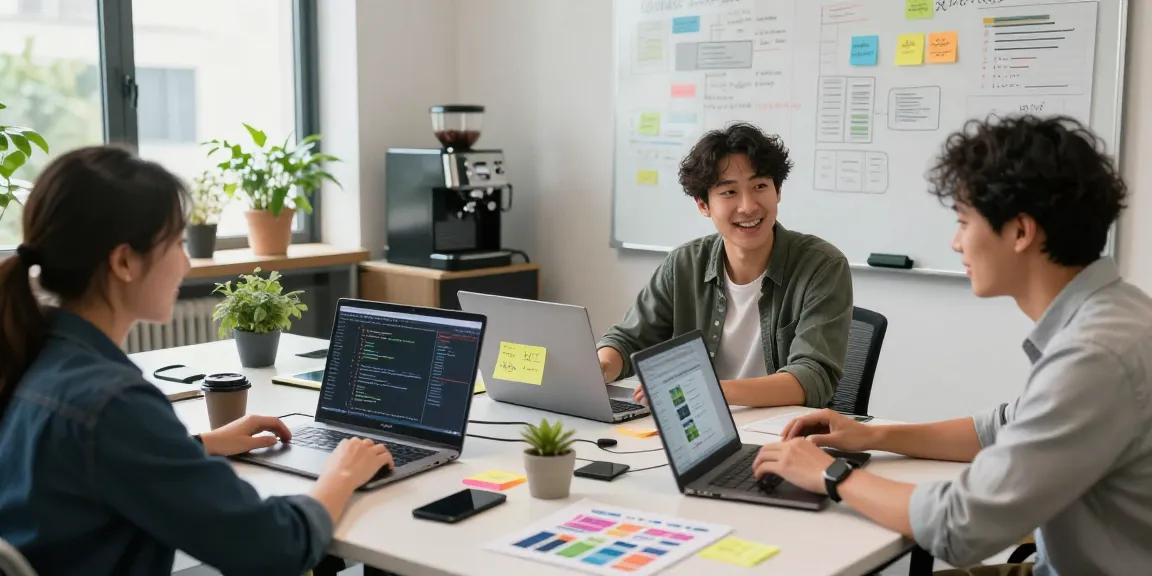 Build internal tools with AI in a vibrant tech workspace with collaborative developers, laptops, and brainstorming tools.