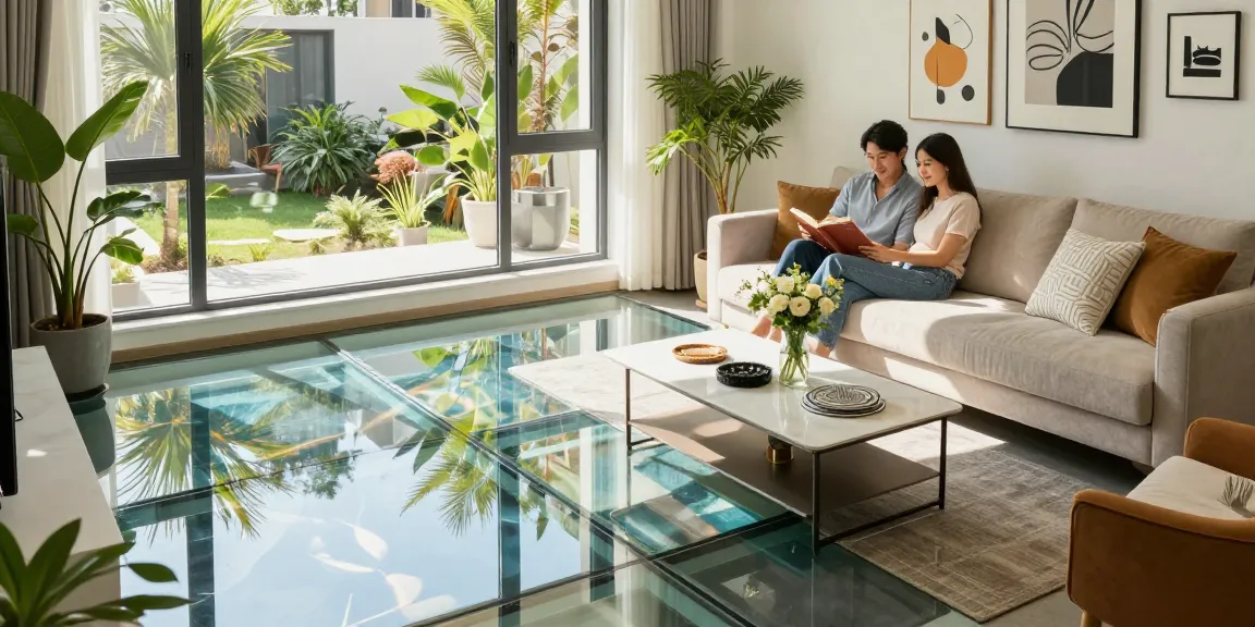 Elegant living room with architectural glass flooring, sunlight reflecting off the surface while a couple relaxes.