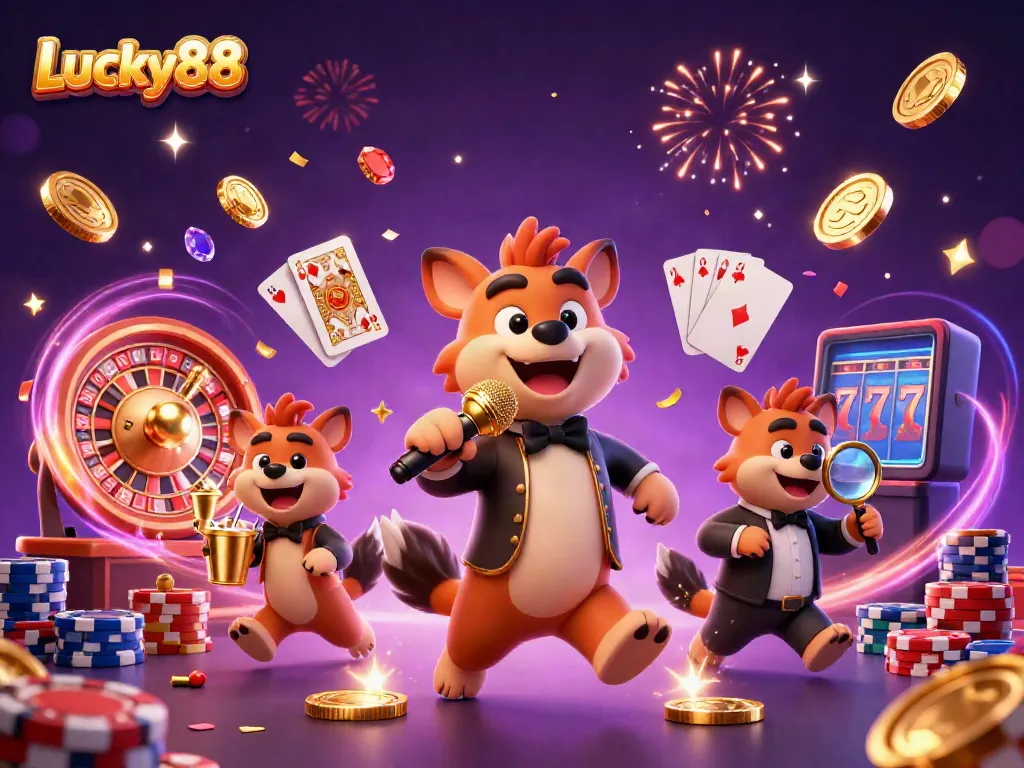 Enjoy a vibrant scene at Lucky88 casino with hyenas serving drinks, telling jokes, and checking IDs amid a cascade of gold coins and sparkling gems.