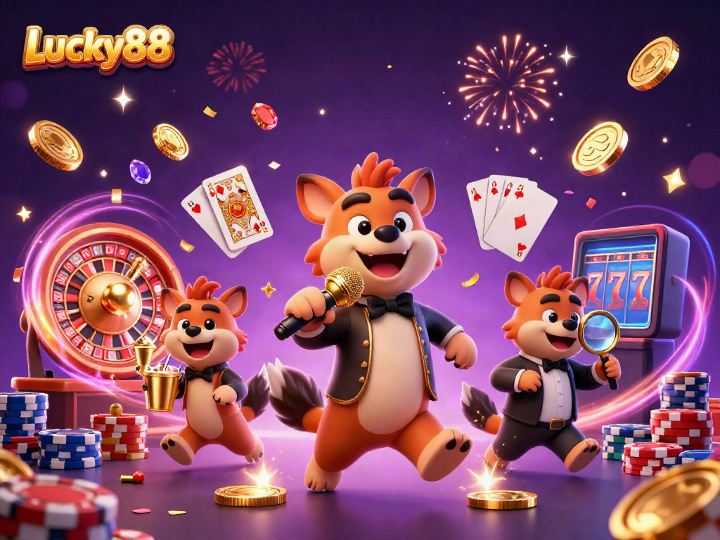 Enjoy a vibrant scene at Lucky88 casino with hyenas serving drinks, telling jokes, and checking IDs amid a cascade of gold coins and sparkling gems.