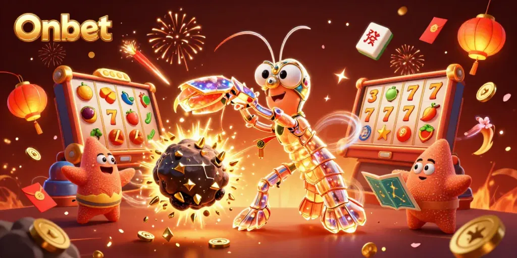 Experience Onbet's thrilling slot adventures with vibrant 3D characters and dynamic casino elements.