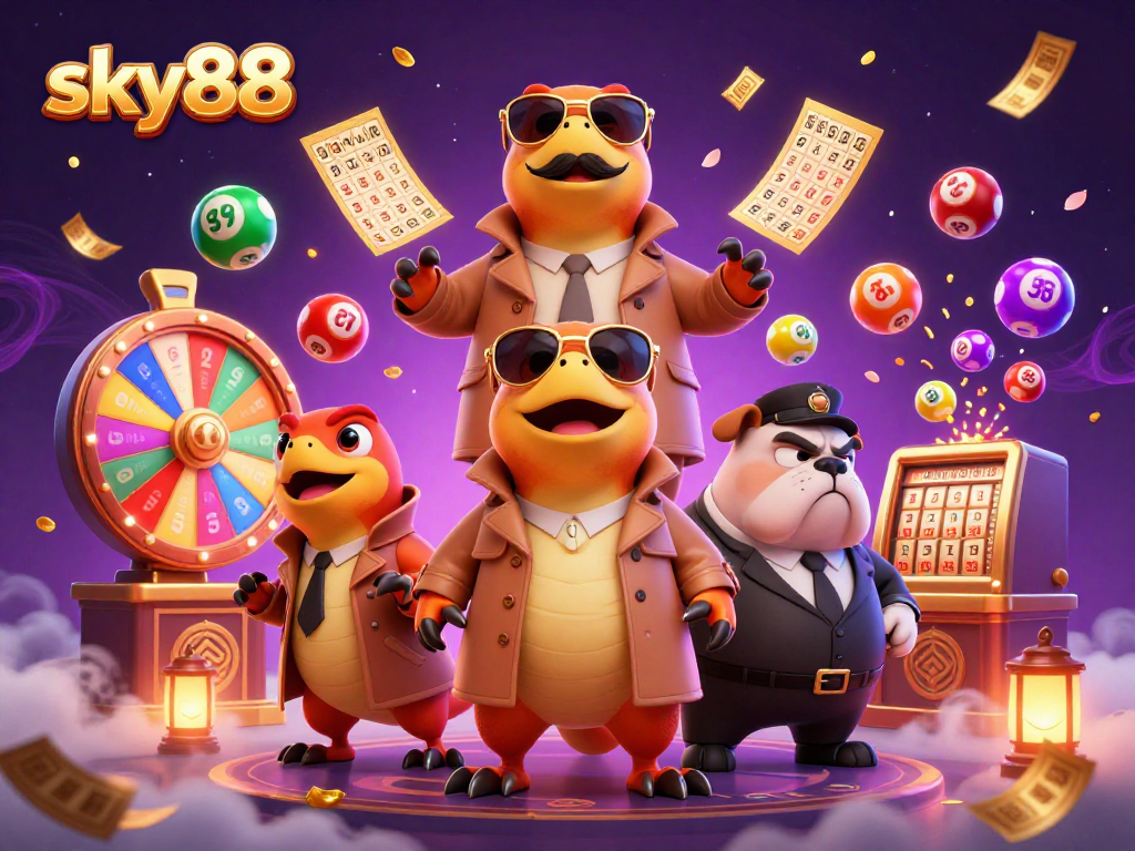 Experience thrilling gambling at sky88 with the playful raptors and vibrant casino elements surrounding them.