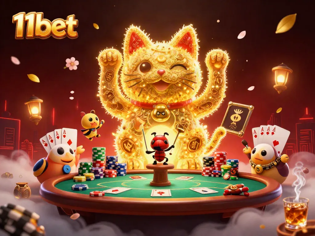 Engage with 11bet's dynamic casino scene featuring a lucky cat and gambling elements.