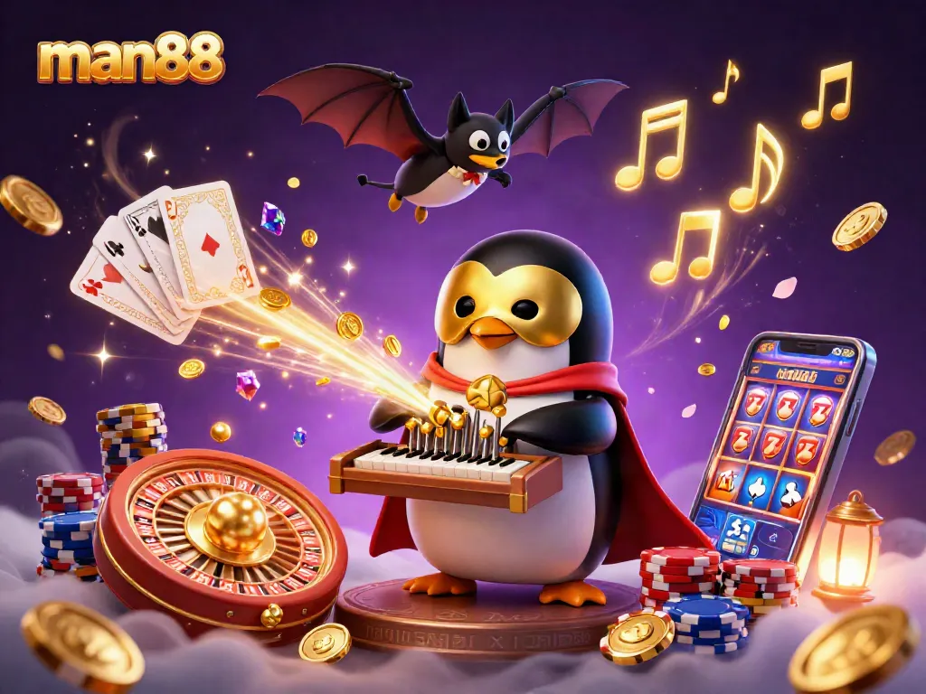 Win big with man88 in an ultra-detailed casino scene featuring a penguin playing for golden coins.