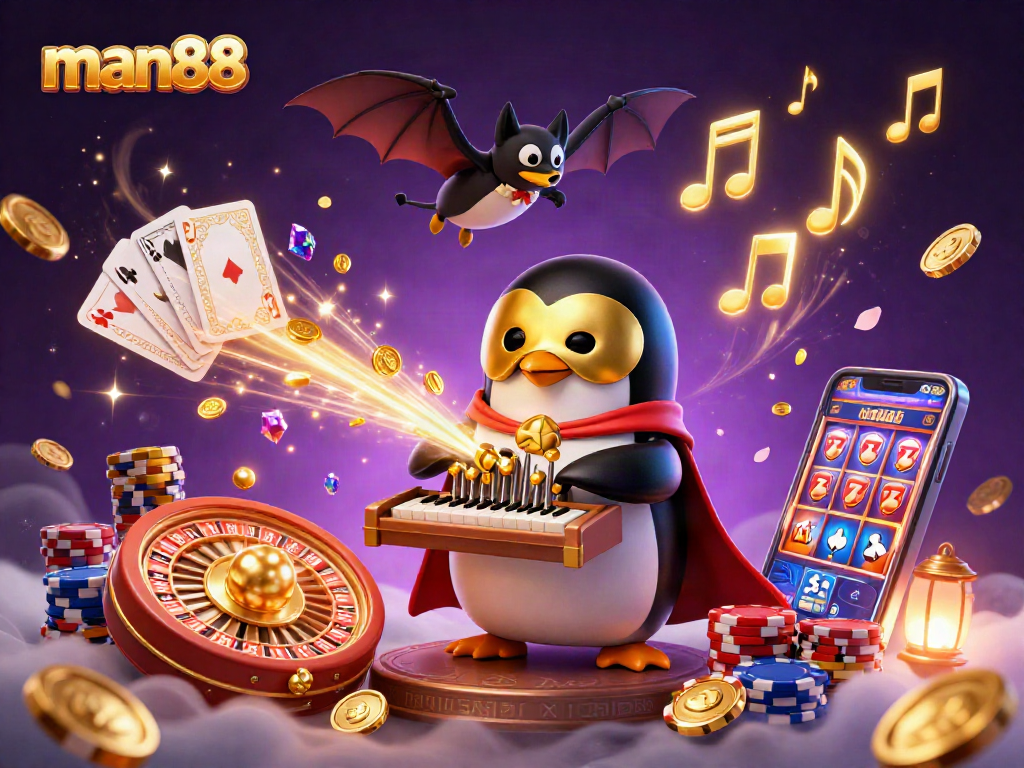 Win big with man88 in an ultra-detailed casino scene featuring a penguin playing for golden coins.
