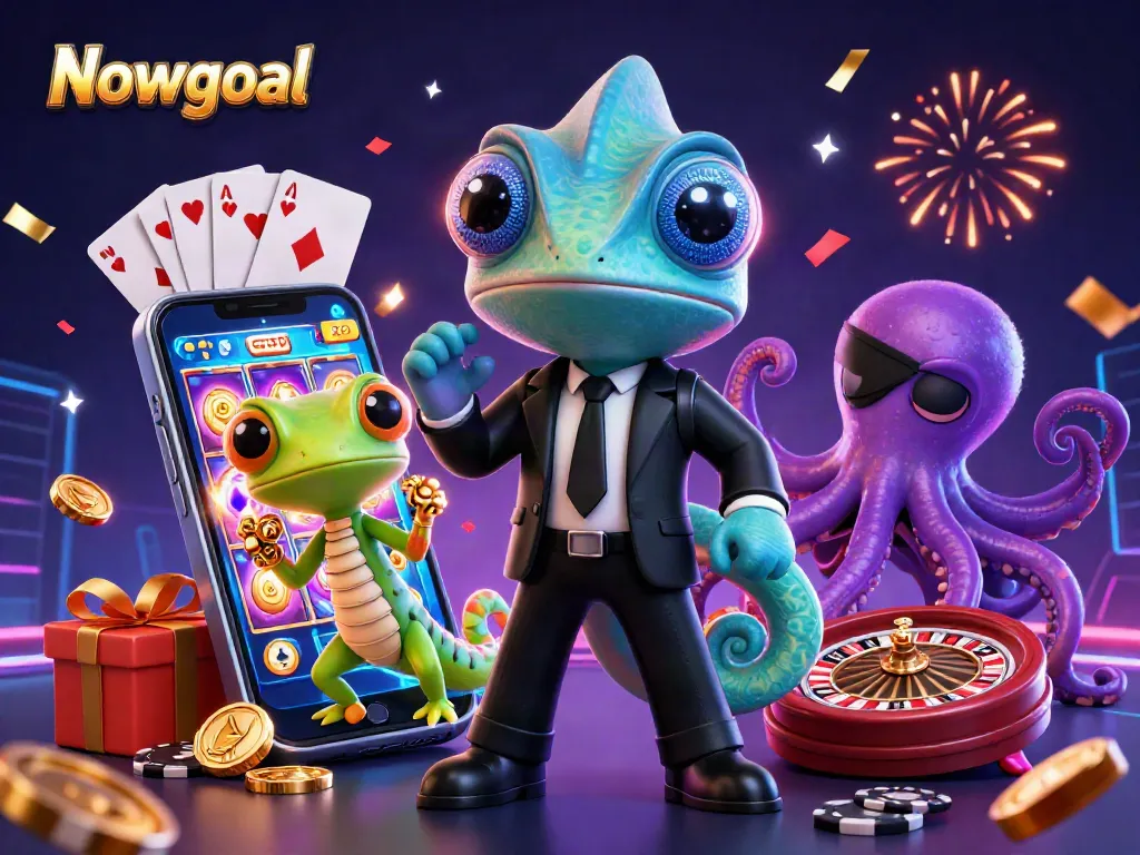 Nowgoal showcases a vibrant scene of a secret agent chameleon amidst a dynamic gambling scene filled with slot games and colorful elements.
