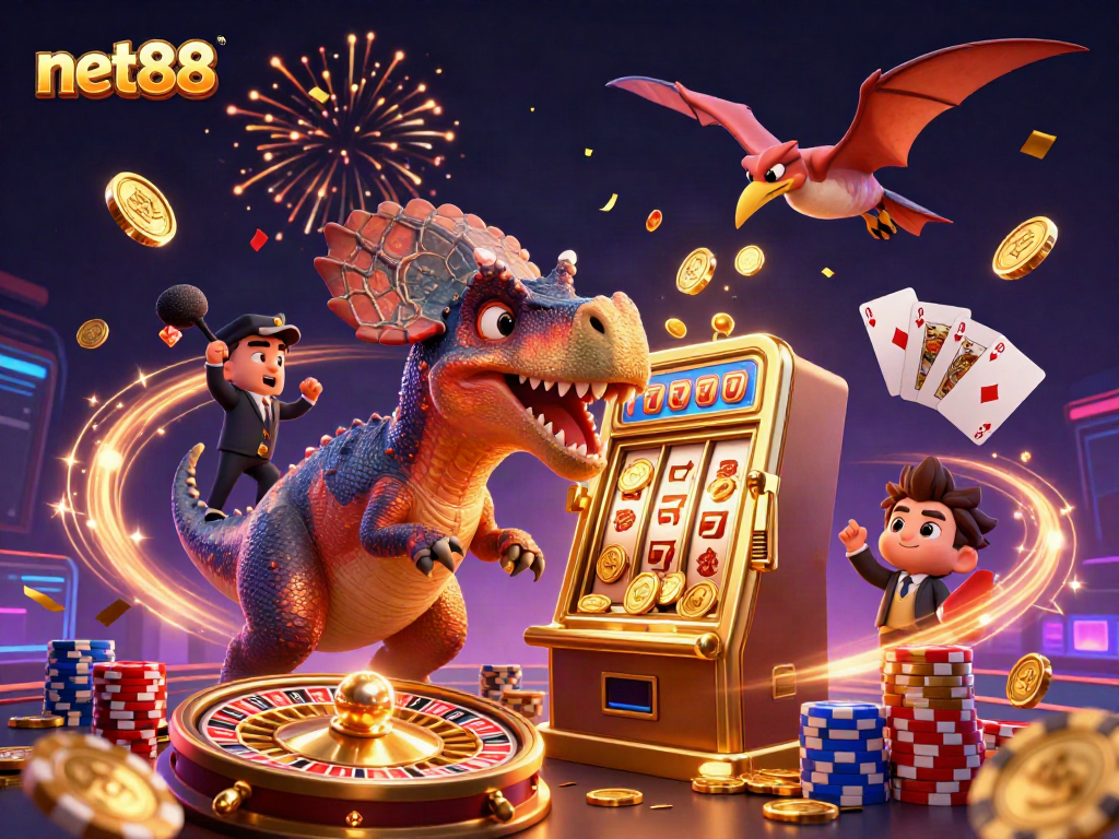 net88 highlights players winning big at a casino with a bustling scene of colorful characters and slot machine action.