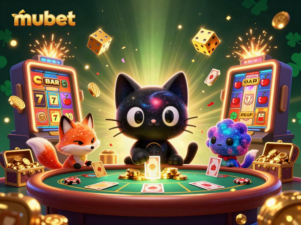 Mubet cosmic casino scene features dynamic characters and glowing gambling elements.