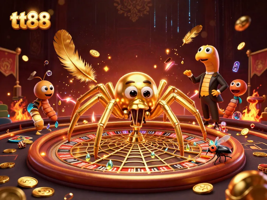 Experience the thrilling betting atmosphere at tt88 with a golden spider spinning a roulette web.
