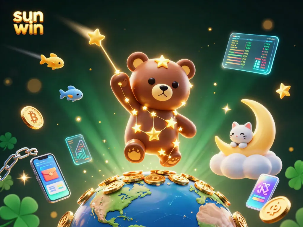 Experience thrilling gameplay at sun win with vibrant 3D characters amidst glowing crypto elements.
