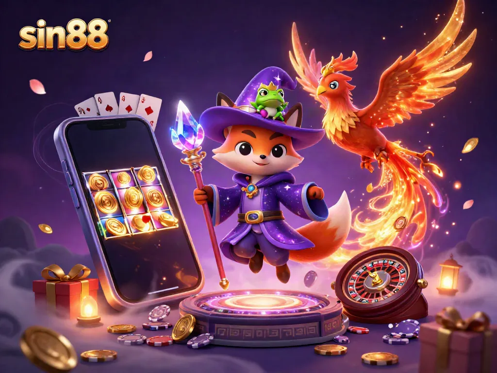 Experience thrilling gameplay at sin88 with vibrant casino elements including a wizard fox, phoenix, and more.