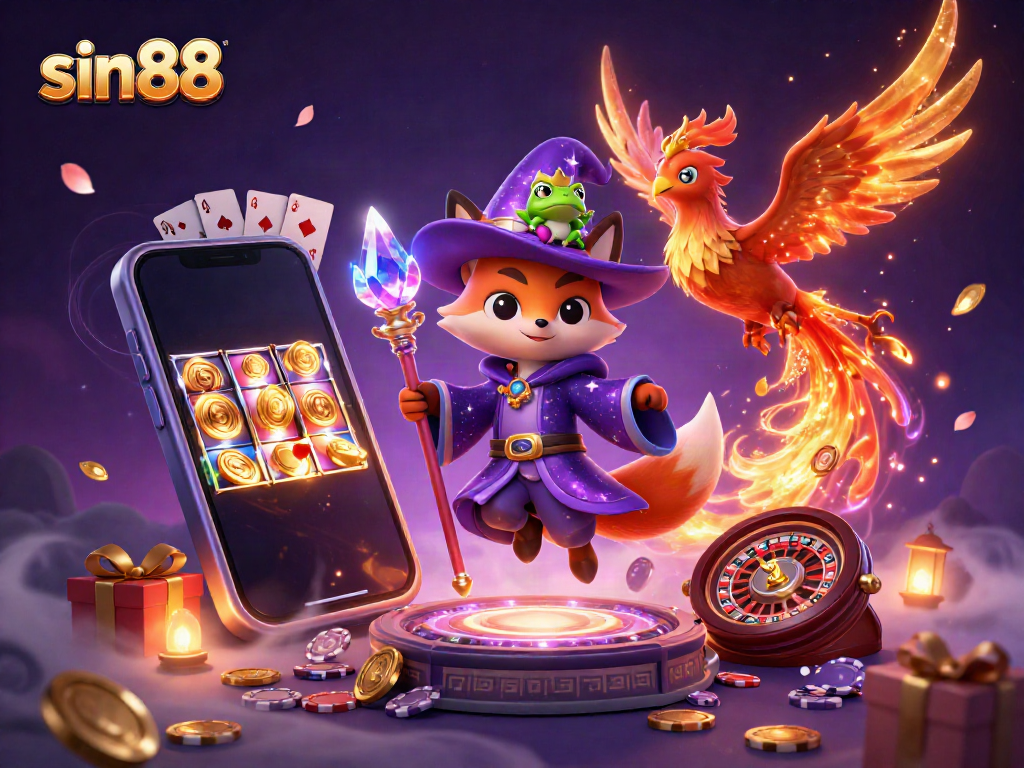 Experience thrilling gameplay at sin88 with vibrant casino elements including a wizard fox, phoenix, and more.