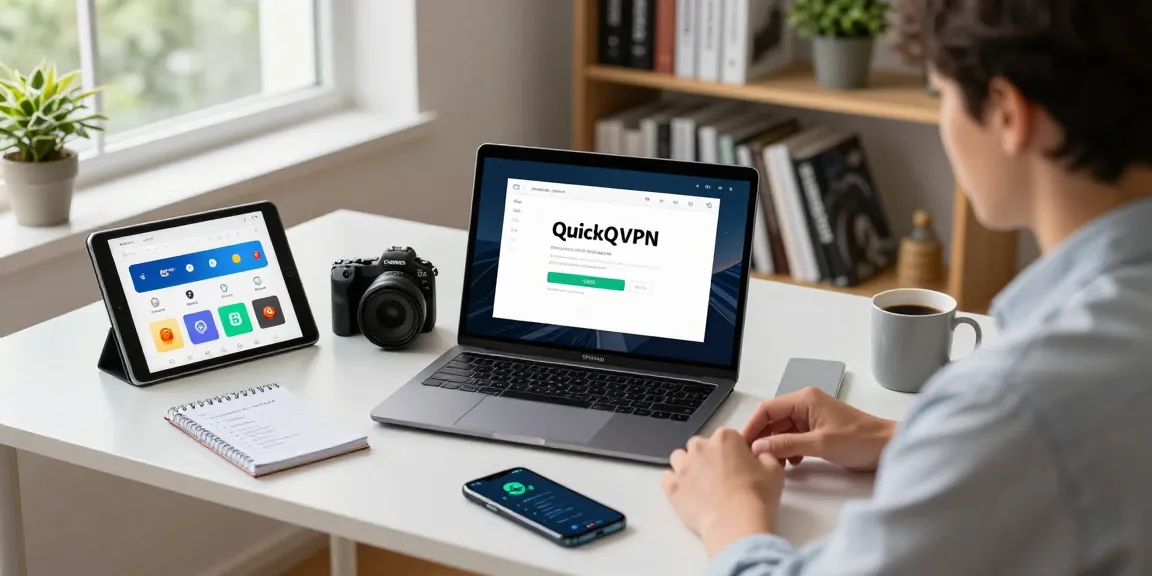 快速下载 QuickQ VPN 应用程序的现代办公场景，个人专注于设置 VPN。