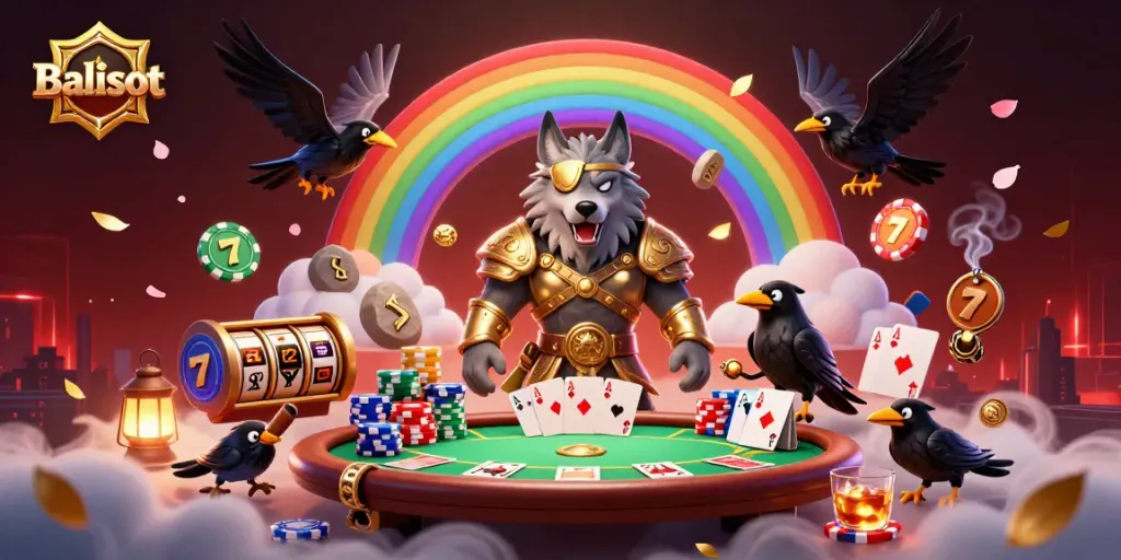Experience Balislot's thrilling gambling world with Odin, a wolf, and two ravens gleaming within vibrant casino elements.